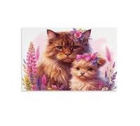 Siberian Forest Cat Canvas Wall Art Kitten Flowers Print On Canvas Modern Artwork for Living Room Bedroom Home Office Decor Gift 20x30inch(50x75cm)
