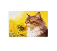 Siberian Forest Cat Canvas Wall Art Yellow Flowers Print On Canvas Modern Artwork for Living Room Bedroom Home Office Decor Gift 16x24inch(40x60cm)