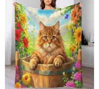 Siberian Forest Cat Fleece Throw Blanket for Couch Sofa Bed All Season Barrel Flowers Pattern Blanket Comfort Warmth Flannel Gifts for Women Girls Birthday 80x90inch(200x230cm)