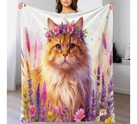 Siberian Forest Cat Fleece Throw Blanket for Couch Sofa Bed All Season Floral Wreath Flowers Pattern Blanket Soft Warm Cozy Flannel Presents for Women Girls Birthday 70x80inch(180x200cm)