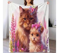 Siberian Forest Cat Fleece Throw Blanket for Couch Sofa Bed All Season Kitten Flowers Pattern Blanket Comfort Warmth Flannel Gifts for Women Girls Birthday 70x80inch(180x200cm)