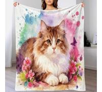 Siberian Forest Cat Fleece Throw Blanket for Couch Sofa Bed All Season Watercolor Style Pattern Blanket Comfort Warmth Flannel Gifts for Her Or Him 50x60inch(127x152cm)