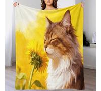 Siberian Forest Cat Fleece Throw Blanket for Couch Sofa Bed All Season Yellow Flowers Pattern Blanket Comfort Warmth Flannel Gifts for Her Or Him 60x80inch(150x200cm)