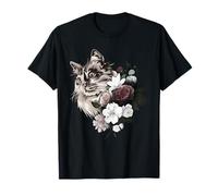 Siberian Forest Fluffy Cat with Flowers, Floral T-Shirt