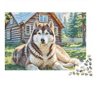 Siberian Husky 1000 Pieces Jigsaw Puzzles Engaging Family Games Husky in Cabin Jigsaw Puzzles Unique Puzzle Gift for Adults & Families 52x38cm/1000pcs