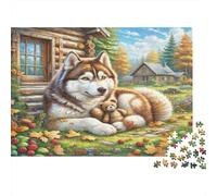 Siberian Husky Cardboard Husky with Teddy Bear in Autumn Cabin Yard Premium Jigsaw Puzzle Brain Training Home Decor 70x50cm/1000pcs