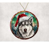 Siberian Husky Dog Christmas Tree Decorations With Ribbon Noel Xmas Tree Hanging Ceramic Crimbo Baubles