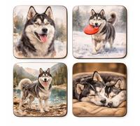 Siberian Husky Dog Coaster Set, Watercolour Artwork, 9cm Square MDF, Winter Scenes, Set of 4