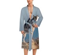 Siberian Husky Dog in Winter Mens Bathrobe Long Bath Robe Warm Spa Robe Nightgown Soft with Waist Belt