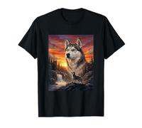 Siberian Husky Dog Lover Vintage Sunset Forest Nature Art T-Shirt
