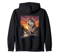 Siberian Husky Dog Lover Vintage Sunset Forest Nature Art Zip Hoodie