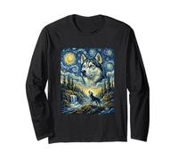 Siberian Husky Dog Moon Howling Starry Night Van Gogh Art Long Sleeve T-Shirt