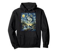Siberian Husky Dog Moon Howling Starry Night Van Gogh Art Pullover Hoodie