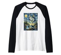 Siberian Husky Dog Moon Howling Starry Night Van Gogh Art Raglan Baseball Tee