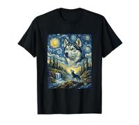 Siberian Husky Dog Moon Howling Starry Night Van Gogh Art T-Shirt