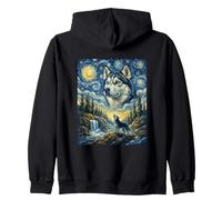 Siberian Husky Dog Moon Howling Starry Night Van Gogh Art Zip Hoodie