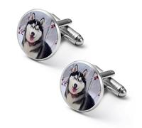 Siberian Husky Dog Snow Day Mens Classic Cufflinks Custom Shirt Cuff Links Jewelry Accessories for Business Wedding 0.7" 0.8"