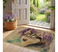 Siberian Husky Doormat Purple Floral Pattern Indoor Outdoor Entrance Mat Nature Inspired Decor Non Slip Waterproof Easy Clean 29" x 17"