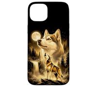 Siberian Husky Howling Full Moon Forest Waterfall Dog Case for iPhone 15 Plus