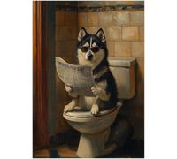 Siberian Husky on Toilet Jigsaw Puzzle 1000 Pieces for Adults - Quirky Dog Reading Newpaper with Glasses - Dog Bathroom Decor Puzzles