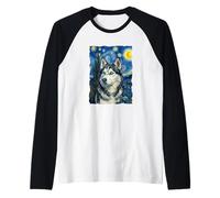 Siberian Husky Portrait Van Gogh Raglan Baseball Tee