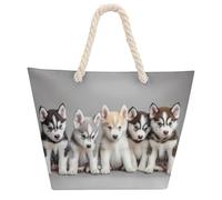 Siberian Husky Puppies Dog Tote Bags for Women Men Shoulder Beach Bag Shopping Handbag with Hemprope Handle