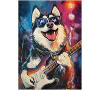 Siberian Husky Rock Star Jigsaw Puzzle 1000 Pieces for Adults - Musician Dog Playing Guitar on Stage - Decor Puzzles For Music Enthusiasts