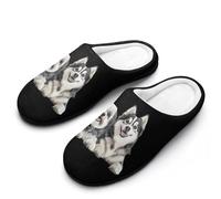 Siberian Husky Shih Tzu Dog Women's Cotton Slippers Winter Warm Slip-on House Shoes with Anti-Skid Rubber Sole 7-8（39-40)