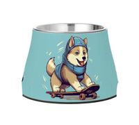 Siberian Husky Skateboard Dog Raised Bowl, 540 ML Feeding Food Pet Bowl Stainless Steel Non-slip High Capacity Cat Bowl
