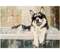 Siberian Husky Taking Bubble Bath Jigsaw Puzzle 1000 Pieces for Adults - Siberian Husky on a Bathtub in Bathroom - Pet Shower Decor Puzzles