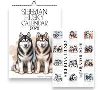 Siberian Husky Wall Calendar 2026, A4 Size 21 x 29.7 cm, Monthly Dog Calendar with UK & US Holidays, Husky Calendar, Dog Calendars, Handmade, Siberian Huskies 2026