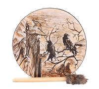 Siberian Shamanic Drum - Wooden Music Druum with Pestle, Old Man and Raven Design | Symbolic spiritual drrum, home decor drum for meditation, cham drrum