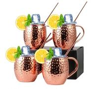 SIBOMTEX Moscow Mule Copper Mugs Set of 4 Pure Copper Plating Mugs 18-oz Stainless Steel Drinking Cup with 4 Cocktail Copper Straws Great Dining Entertaining Bar Gift Set