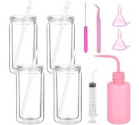 Sibosen 10 Pcs Snow Globe Tumbler Supplies 16oz Pre Drilled Double Wall Clear Cups Kit with Lid and Straw Squeeze Bottle Funnel Tweezer Bent Syringe for DIY Glitter Snow Globe Craft Gift (Clear)