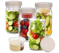 Sibosen 4 Pack Glass Salad Jars with Lids Meal Prep, Leakproof Container for Lunch, Two Small Built-in Boxes with Wet/Dry Separation for Salad Dressing and Dry Ingredients, 900ml Mason Jars