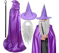 Sibosen 4 PCS Halloween Wizard Costume Set Includes Wizard Hat Cloak Wig Beard Wand Adult Purple Wizard Costume for Men Adults