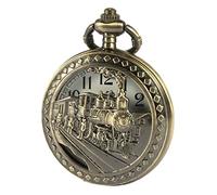 SIBOSUN Antique Men Pocket Watch with Chain Bronze Case 3D Locomotive Steam Train Railroad Hollow + Box