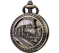 SIBOSUN Antique Men Pocket Watch with Chain Oversized 50MM 1.96 Inch 3D Locomotive Steam Train Railroad Hollow + Box, A-c. Bronze, Bronze