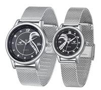 SIBOSUN Couple Watch for Him and Her, Romantic Valentine Watch, Analog Quartz Couples Wristwatches, Set of 2 Stainless Steel Crystal Mesh Hearts, 21. Black Silver + Luxury Rose Gift Box, Custom