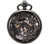 SIBOSUN Mechanical Pocket Watch for Men Antique Pocket Watch with Chain Steampunk Skeleton Mens Pocket Watches with Gift Box, 1.5 Dragon and phoenix Black Blue, ancient vintage antique retro