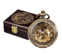 SIBOSUN Pocket Watch Mechanical Mens with Black Wooden Box Display Case Organizer - Lucky Phoenix and Dragon Skeleton Pocket Watch