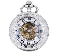 SIBOSUN Pocket Watch Mechanical Skeleton Antique Men Bronze Roman Numerals Hand Wind, B. Silver, Mechanical