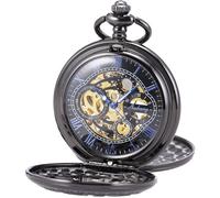 SIBOSUN Pocket Watch Skeleton Mechanical Double Case Hand-Wind Black Blue Roman Numerals Antique Mens