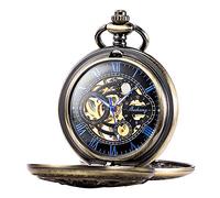 SIBOSUN Pocket Watch Skeleton Mechanical Double Case Hand-Wind Bronze Blue Roman Numerals Antique Chain Box + I Love You Gift Card You are The Best Thing, 61. Bronze Blue, Mechanical