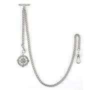 SIBOSUN Pocket Watch with Albert Chain & Lobster Clasps, T-Bar Chain, Silver with Antique Compass Pendant Design Charm Fob