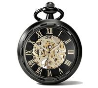 SIBOSUN Steampunk Transparent Open Face Pocket Watch for Men Women Black Case Gold Roman Numerals Skeleton Dial with Chain + Box