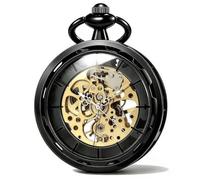 SIBOSUN Steampunk Transparent Open Face Pocket Watch for Men Women Black Gold Skeleton Dial with Chain + Box