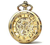 SIBOSUN Steampunk Transparent Open Face Pocket Watch for Men Women Gold Skeleton Dial with Chain + Box