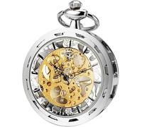 SIBOSUN Steampunk Transparent Open Face Pocket Watch for Men Women Silver Skeleton Dial with Chain + Box