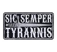 SIC Semper Tyrannis - Embroidered Iron on Patches for Romans, Bikers, Rockers | Latin Slogan Thus Always to Tyrants Design | Sew on or Iron on Applique Patches for All Fabrics | 85X45 mm